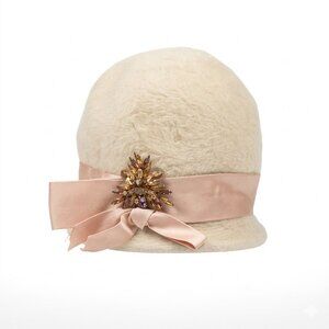 Elegant Antique Cloche Hat with Decorative Brooch and Satin Ribbon